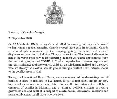 Canadian embassy expresses concern over fighting and displacement on International Day of Peace