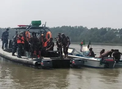 Myanmar-Bangladesh border guards patrol on Naff river